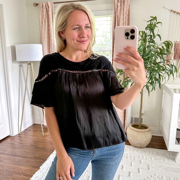 Generation Love Linen Short Sleeve Lasercut Top Black L - Picture 1 of 7